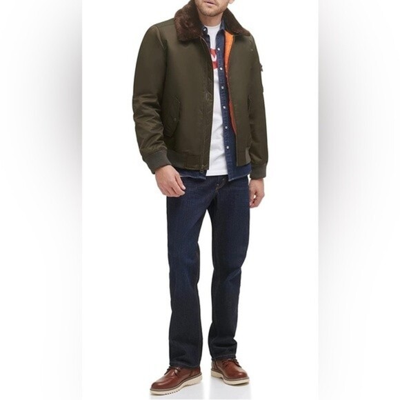 LEVI'S Men's Flight Bomber Jacket with a Faux Fur Removable Collar army green S - Picture 1 of 15